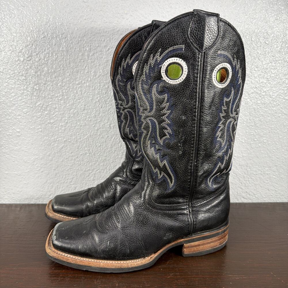 Texas Country Western Cowboy Rodeo Mens US 8 Black Leather Blue Stitched Boots